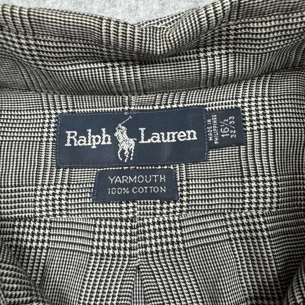 Vintage Polo Ralph Lauren Yarmouth Houndstooth‎ Plaid Shirt Men's 16.5 33 Black